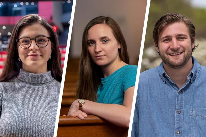 The 2019 winners of University Awards for Projects in the Arts, from left to right: Payton Moledor, Heidi Waldenmaier and Samuel Wilson. (Photos by Sanjay Suchak, University Communications)
