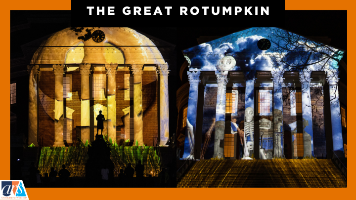 The Rotunda with Halloween Projection Mapping - Left TH eRotunda as a Jack-O-Lantern and Right: Dancing Skeletons on the Rotunda