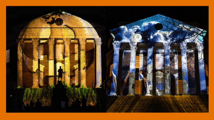 UVA's Rotunda with Halloween projection mapping. On the left the rotunda as a jack-o'-lantern and on the right dancing skeletons on the columns of the Rotunda…