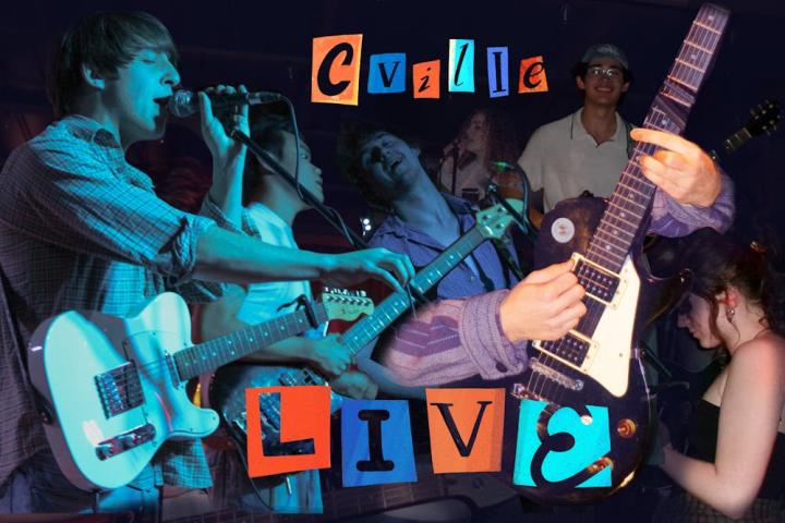 A collage of different performers singing into microphones or playing guitars, overlaid by cut-out letters that read "Cville Live."