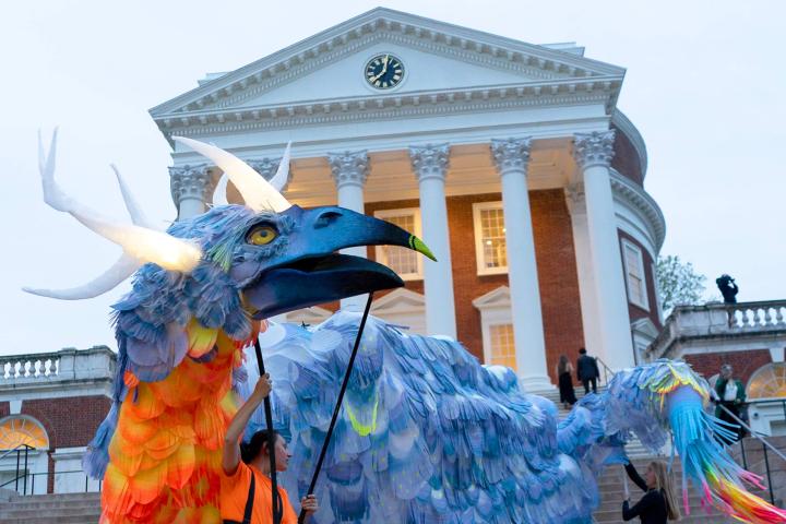 Celeste, pictured here, and Kiki stopped briefly in front of the statue of Thomas Jefferson in front of the Rotunda. (Photo by Clara Castle, University Communications)