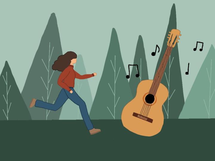 An illustration of a person running towards a guitar surrounded by music notes, against a green background with trees.