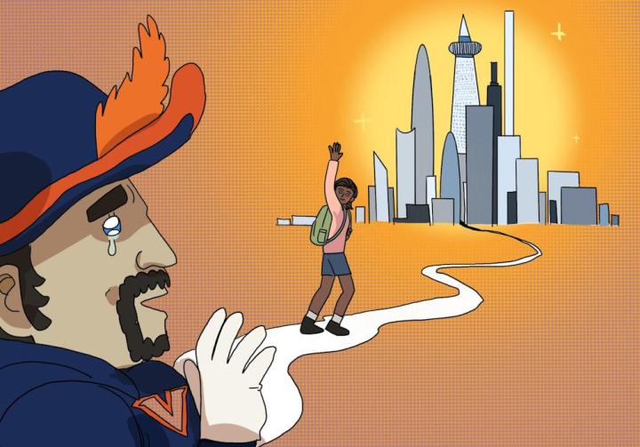 A digital drawing of Cav Man waving goodbye to a student as she walks to a big city in the distance.