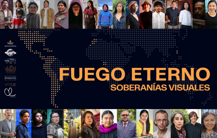 Orange letters with the title of the exhibition are in the center of the image, and the border is filled with small pictures of the individual artists.